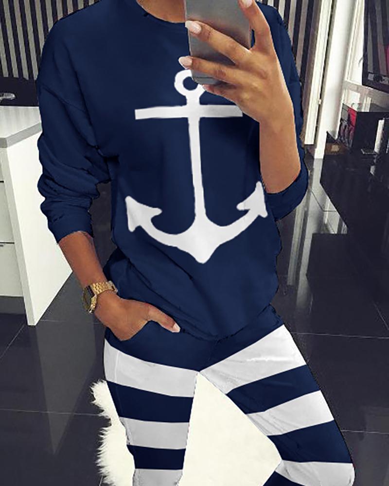 

Boat Anchor Print Striped Long Sleeve Top & Shorts Set, Purplish blue