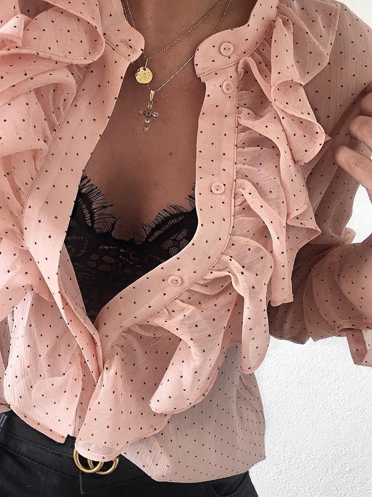 

Dots Print Ruffle Trim Casual Blouse, Pink