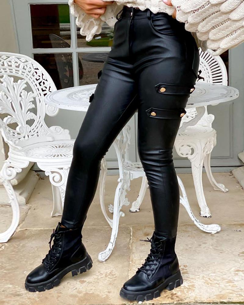 

High Waist PU Leather Button Design Skinny Pants, Black