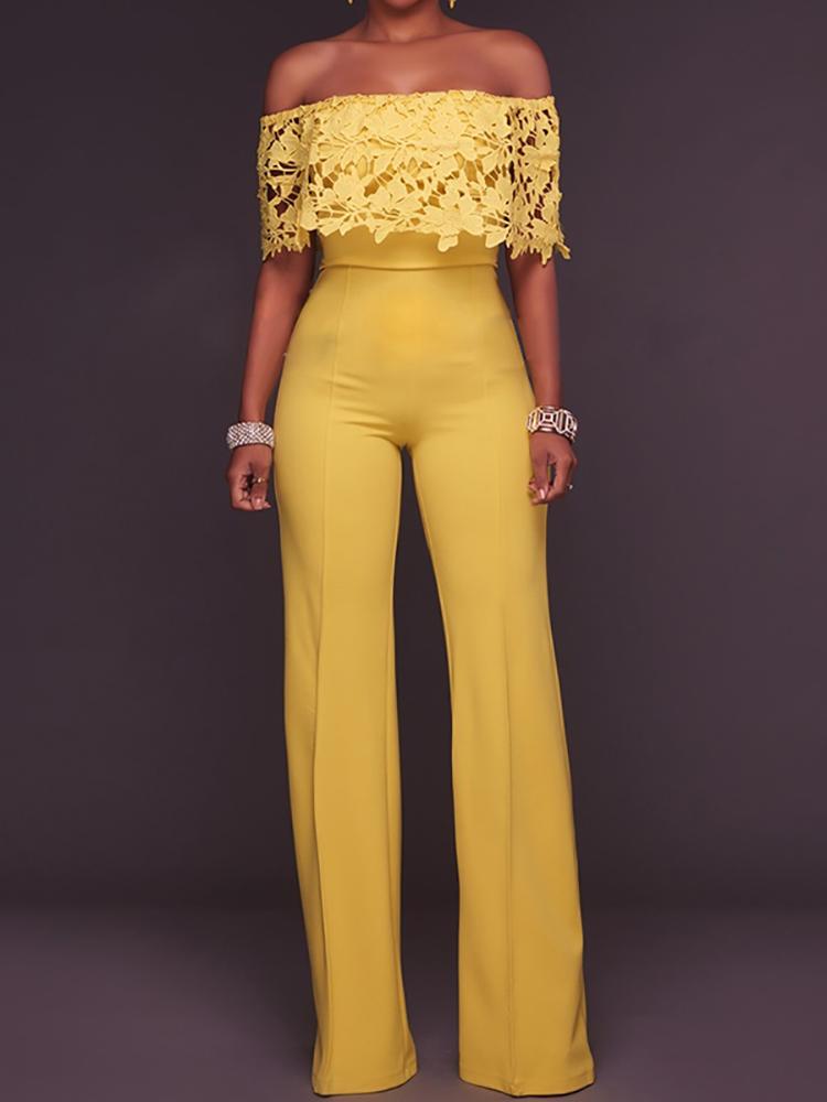 

Sexy Lace Ruffled Off Shoulder Slinky Wide Leg Jumpsuit, Yellow