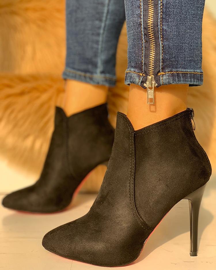 

Suede Point Toe Thin Heeled Boots, Black