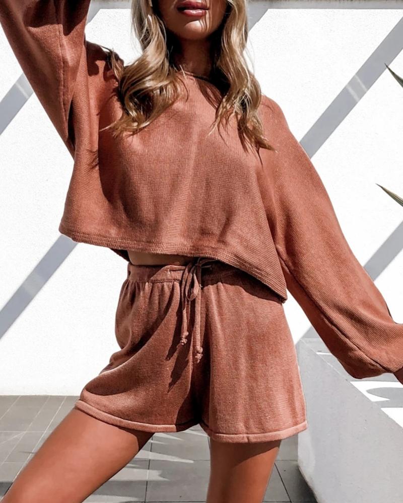 

Long Sleeve Casual Top & Drawstring Shorts Set, Brown