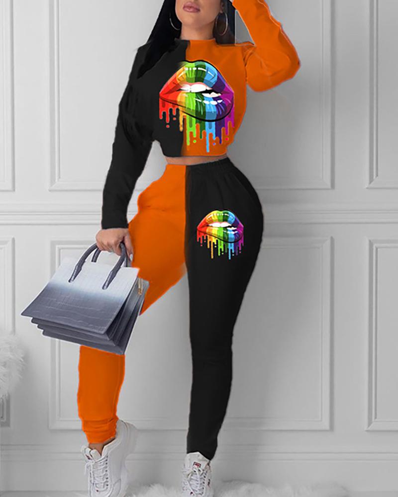

Lip Print Colorblock Top & Pants Set, Orange