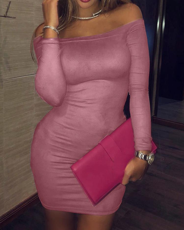 

Solid Off Shoulder Long Sleeve Bodycon Dress, Pink