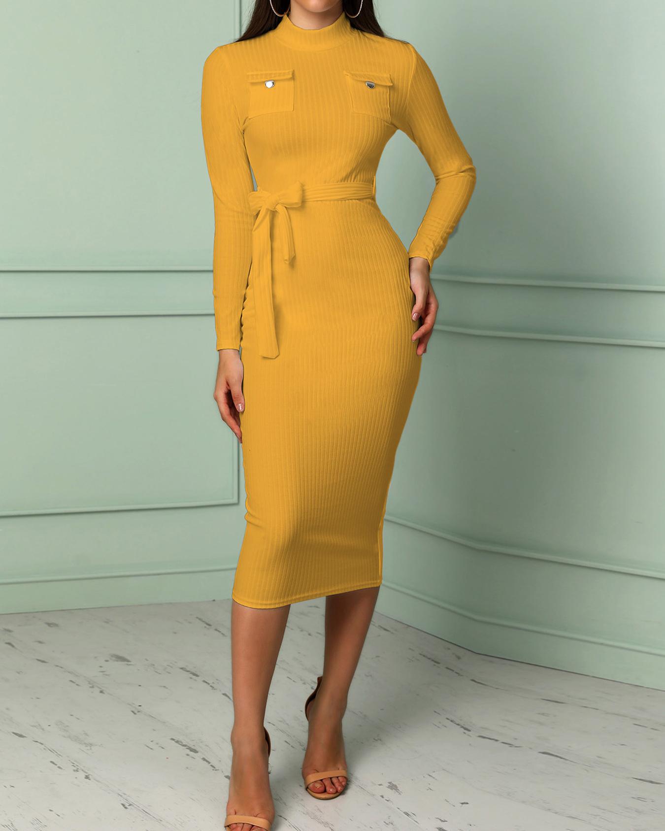 

Solid Pocket Design Belted Bodycon Dress, Yellow