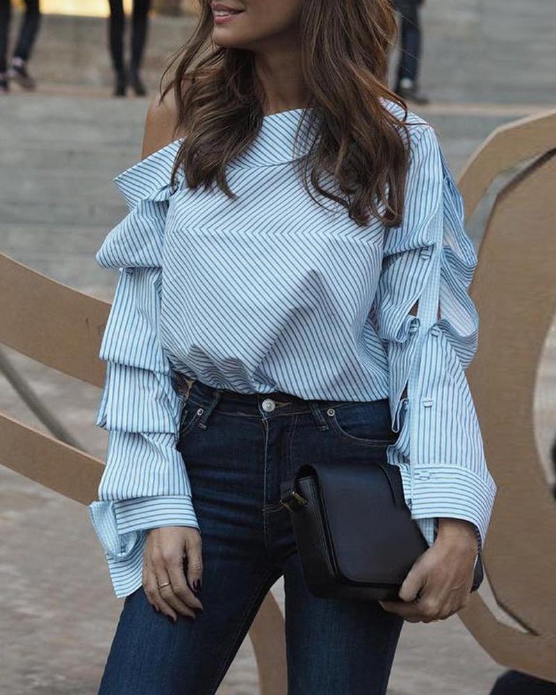 

Striped Buttoned Detail Sleeve Casual Blouse, Blue