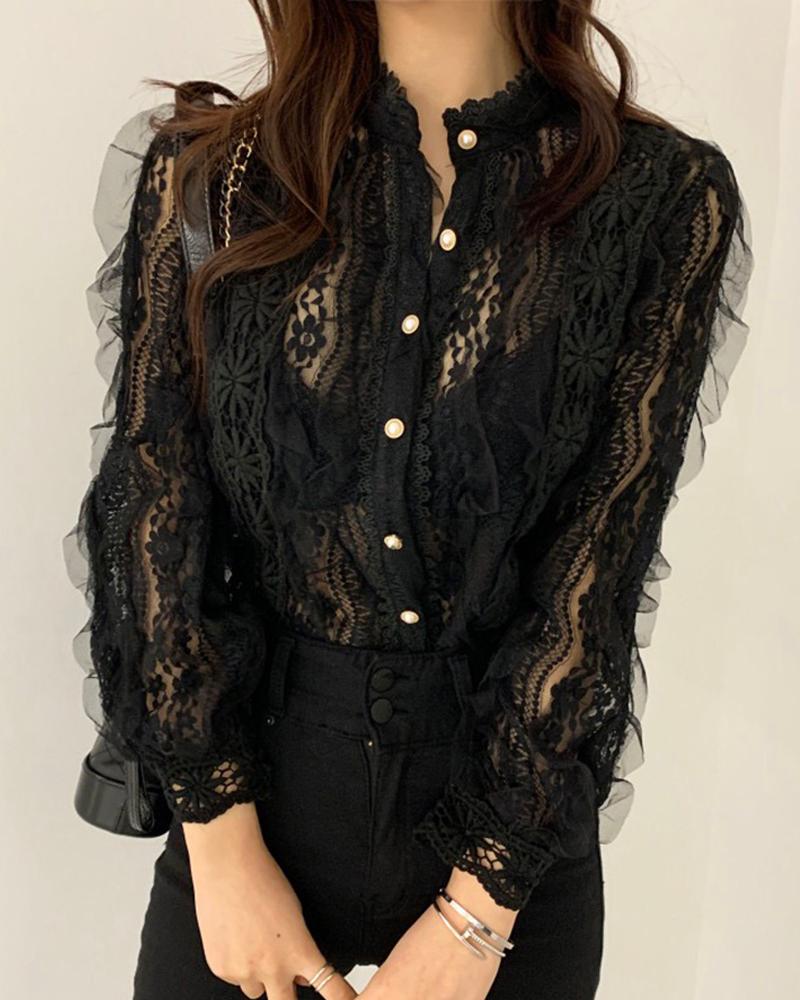 

SheerBlouse Mesh Crochet Lace Blouse, Black