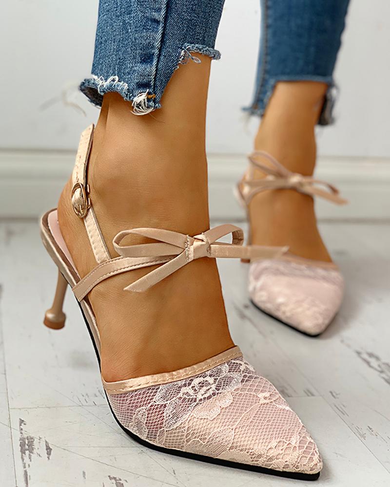 

Pointed Toe Lace Bowknot Ankle Buckled Heeled Sandals, Beige