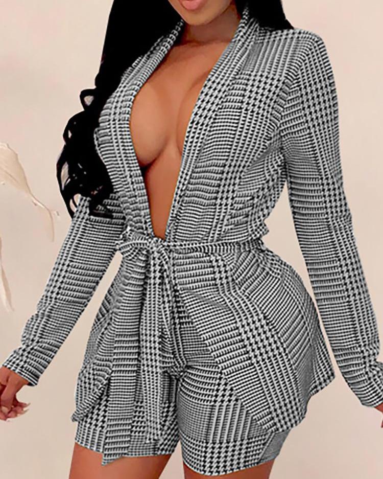 

Plaid Open Front Belted Blazer & Short Sets, Gray