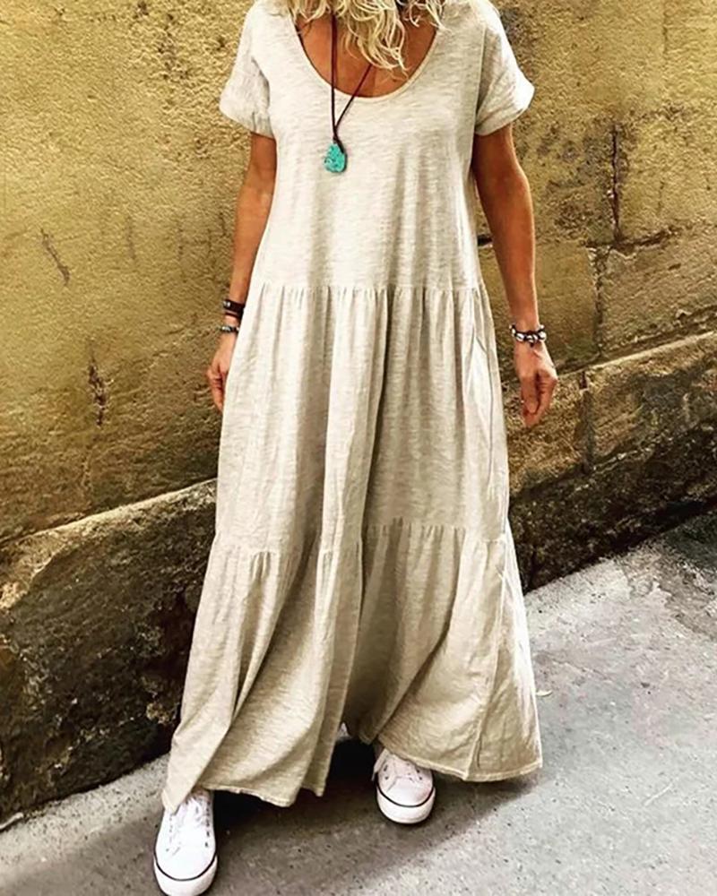 

Ruffles Short Sleeve Round Neck Casual Dress, Apricot