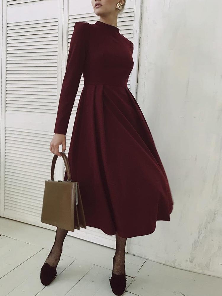 

Solid Long Sleeve Casual Dress, Dark red