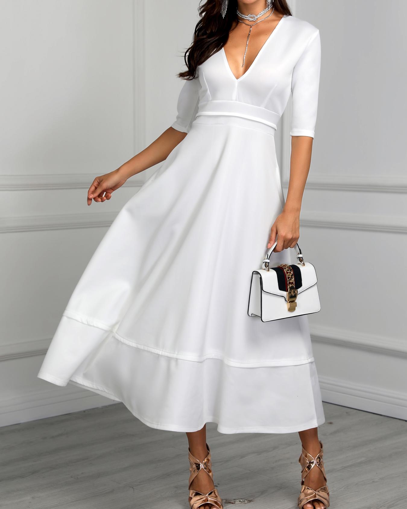 

New Style Pleated Deep V Neck High Waist Maxi Dress, White