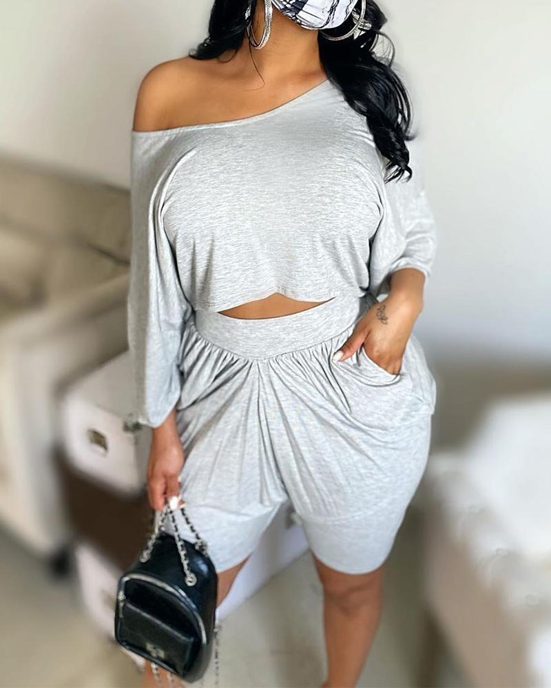 

One Shoulder Crop Top & Shorts, Gray