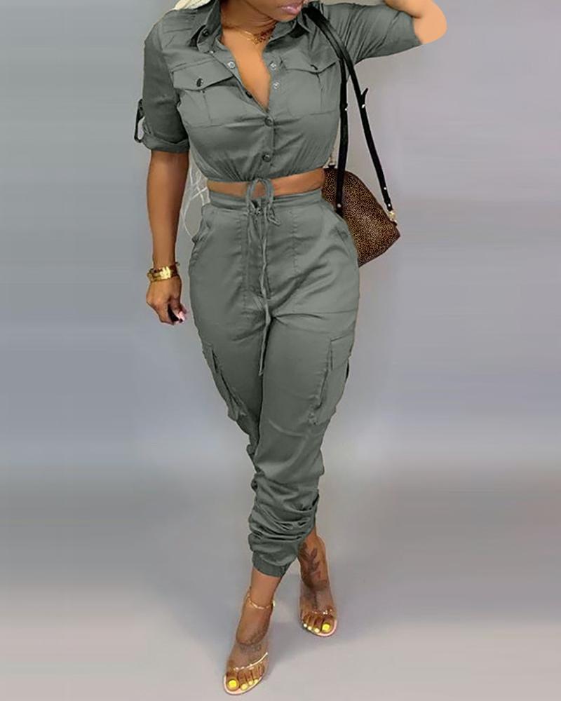 

Buttoned Pocket Design Drawstring Cargo Top & Pants Sets, Army green