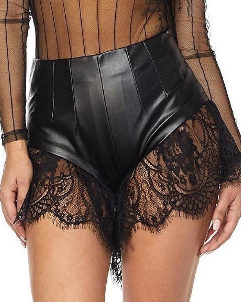 

High Waist Eyelash Lace Insert Leather Short, Black