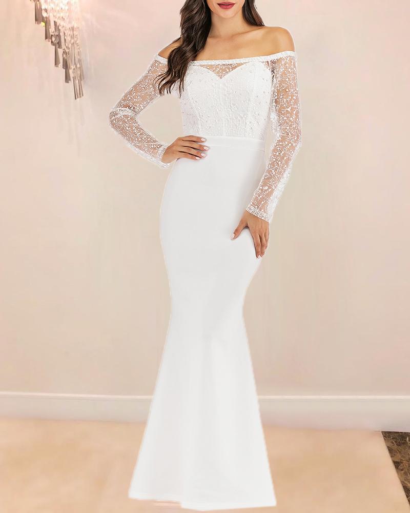 

Beads Off Shoulder Mesh Evening Dress, White