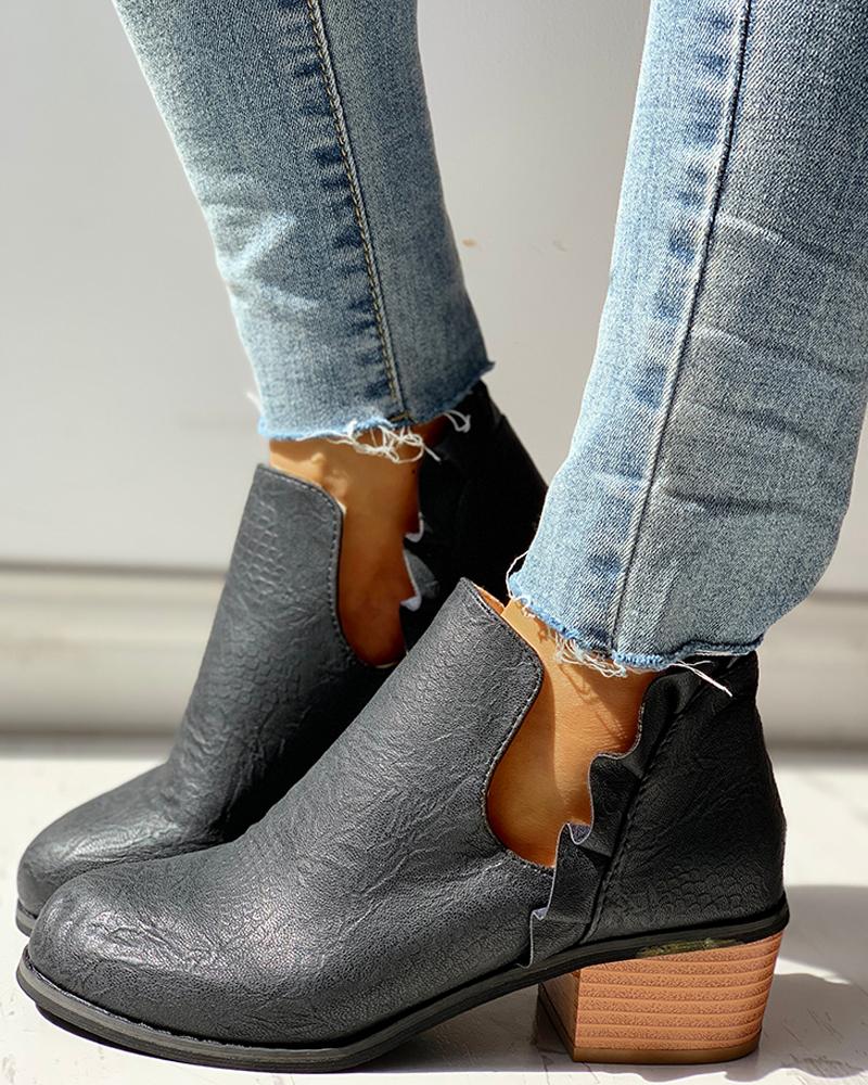 

Solid PU Frill Insert Chunky Heeled Boots, Black