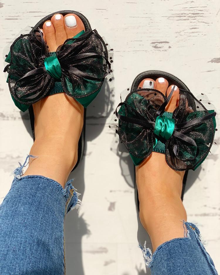 

Mesh Bowknot Design Open Toe Sandals, Green