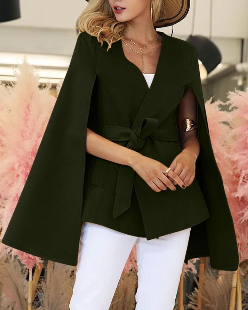 

Solid Cape Design V Neck Wool Coat, Army green