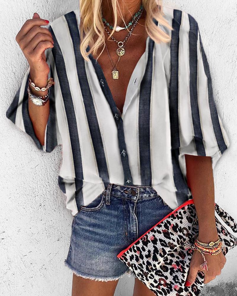 

Striped V-Neck Buttoned Casual Blouse, Black