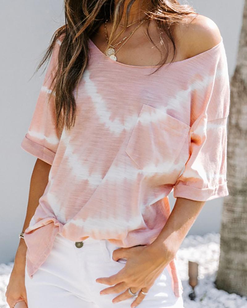 

Tie Dye Print Pocket Design Casual T-shirt, Pink