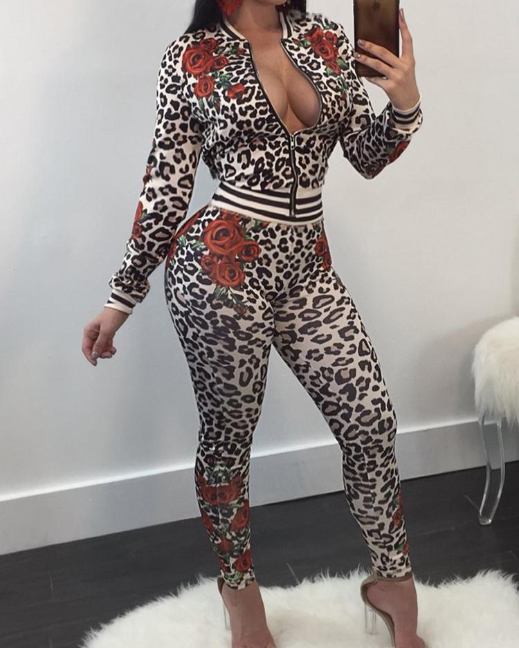 

Floral Printed Zipper Up Skinny Pantsuit, Black