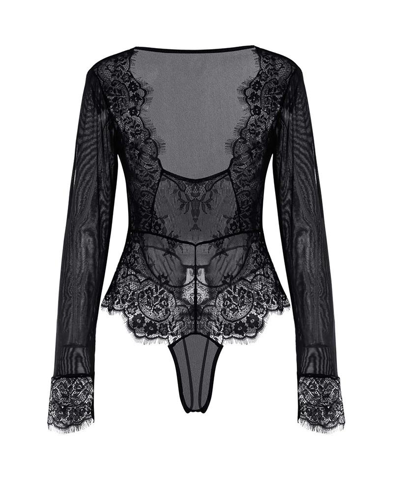 

Plain Eyelash Lace Trim Teddy, Black