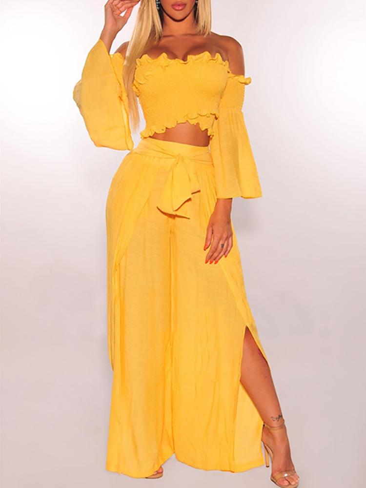 

Shirring Bell sleeve Crop Top & Wide Leg Pant Sets