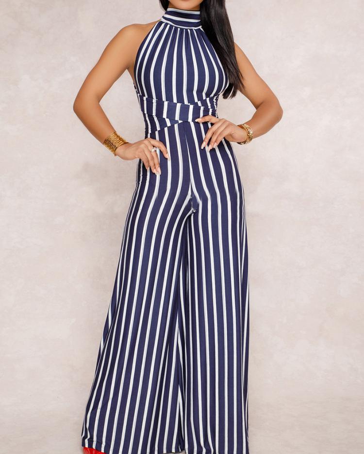 

Stripes Halter Open Back Wide Leg Jumpsuits, Dark blue