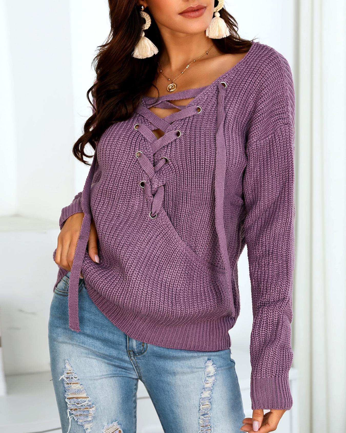 

Lace-up Open Back Casual Sweaters, Purple