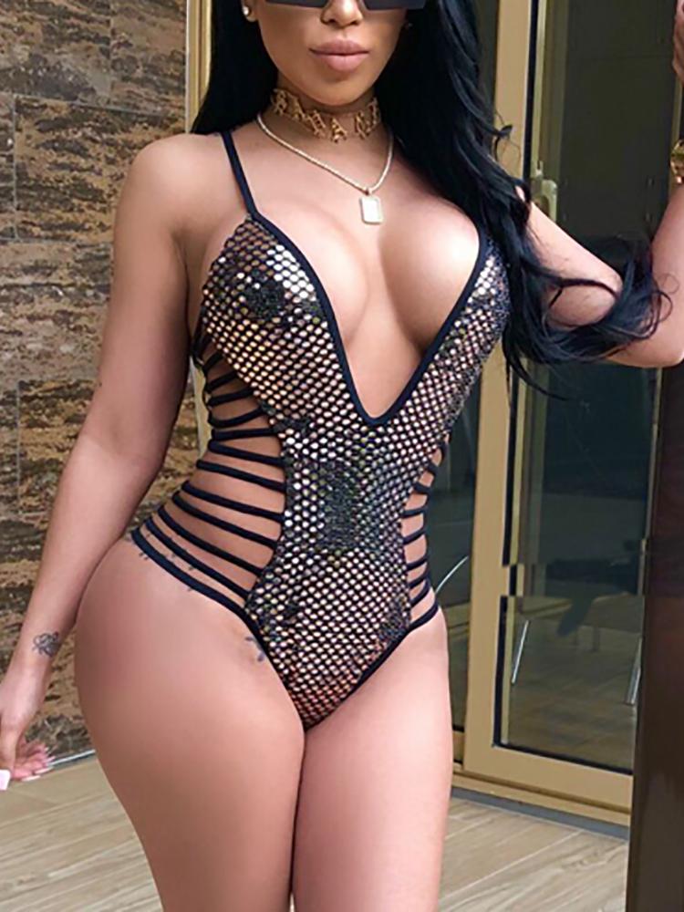 

Sequins Plunge Ladder Cutout One Piece Swimwear