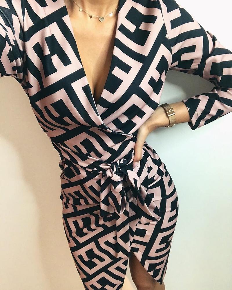 

V-Neck Wrap Geo Print Knotted Waist Dress, Light purple