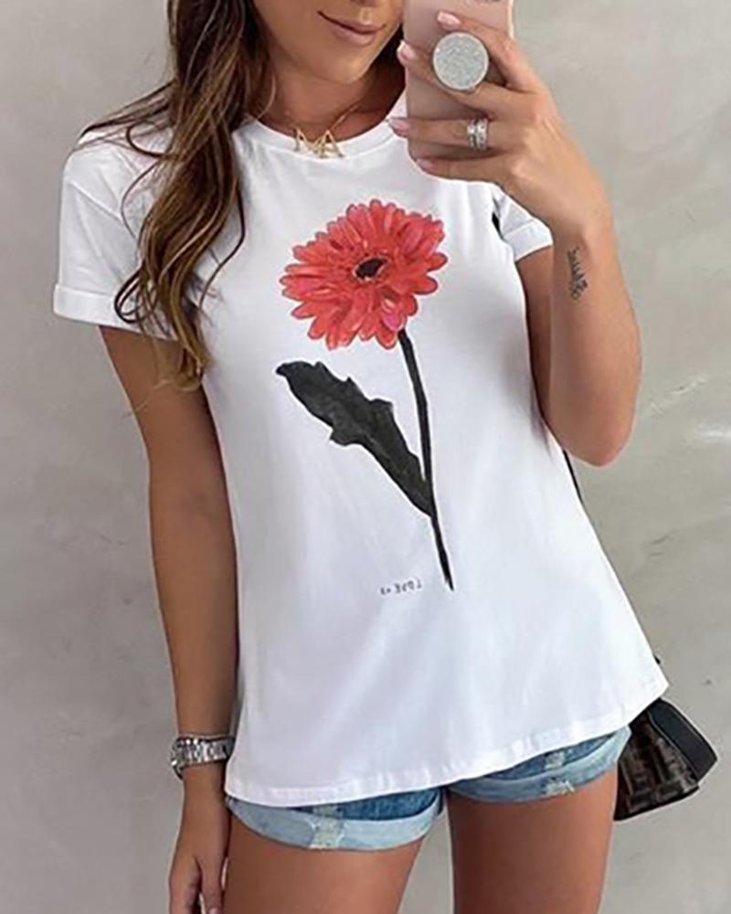 

Floral Print Round Neck T-shirt, White