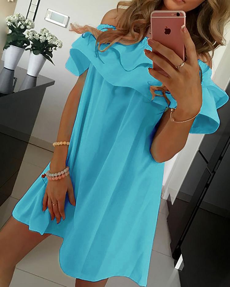 

Flounced Off Shoulder Pleated Tunic Dress