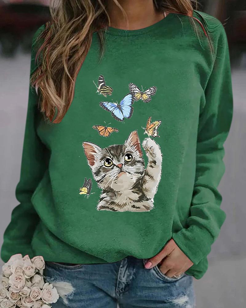 

Butterfly Cat Print Round Neck Sweatshirt, Green