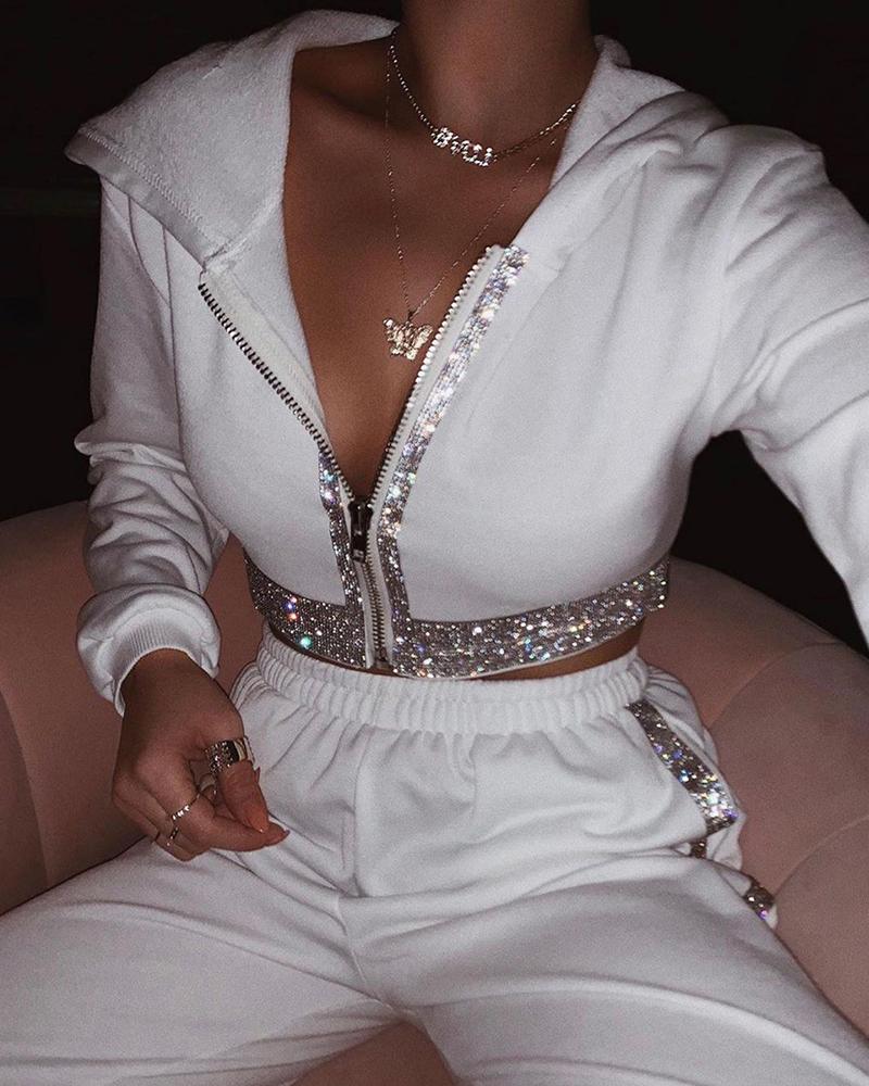 

Studded Zip Hooded Top & High Waist Pants Set, White