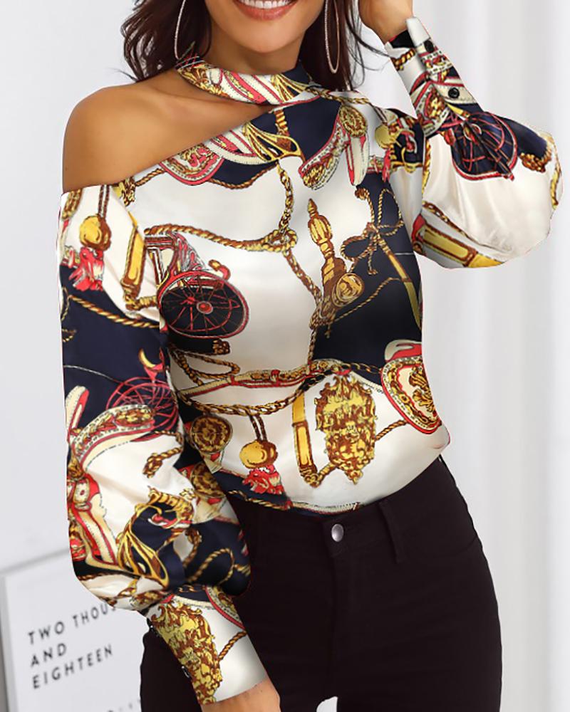 

Print Choker Cut Out Shoulder Blouse, Multicolor