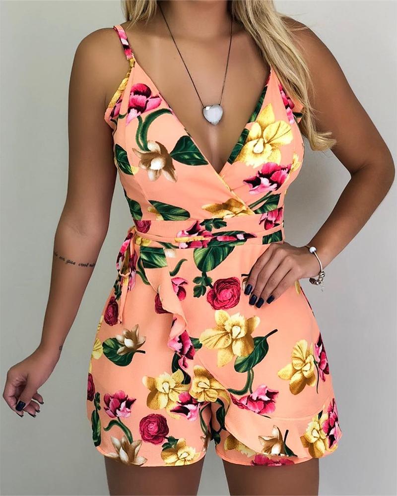 

Floral V Neck Surplice Romper, Orange