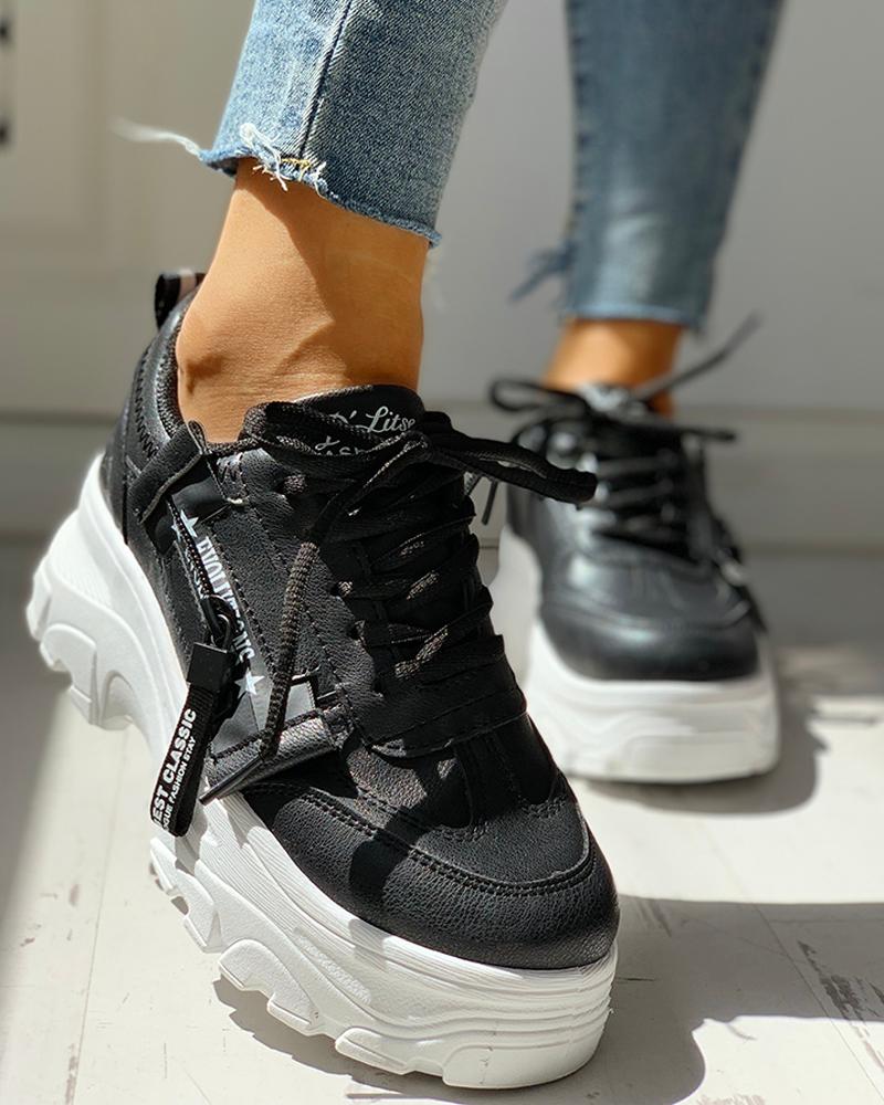 

PU Platform Lace-Up Casual Sneakers, Black
