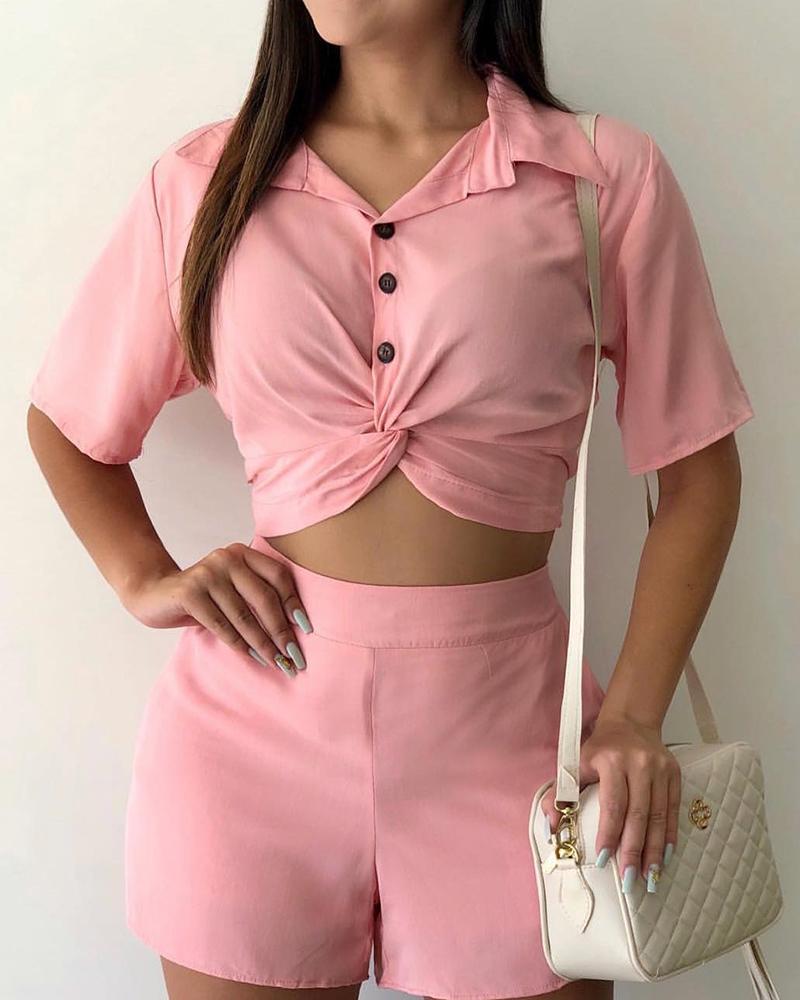 

Twisted Button Design Top & Short Set, Pink