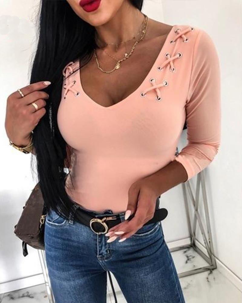 

V Neck Lace-Up Detail Top, Orange