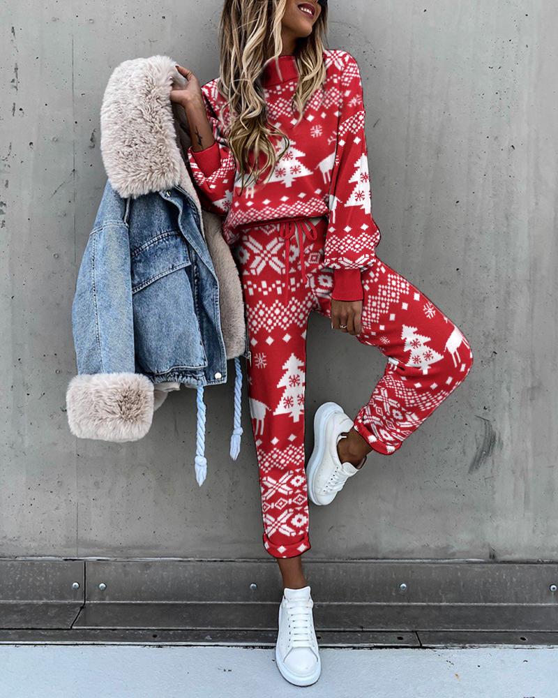 

Christmas Print Top & Drawstring Pants Set, Red