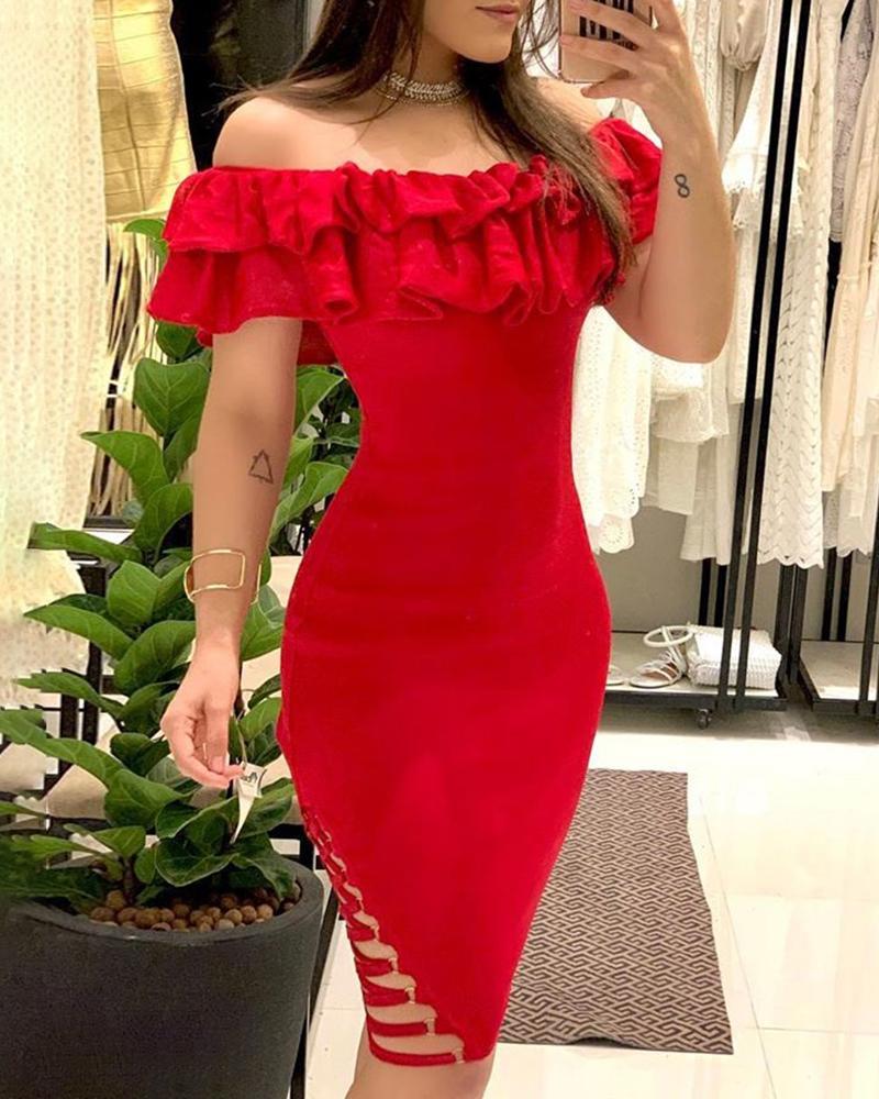 

Off Shoulder Ruffles Lace-Up Detail Dress, Red
