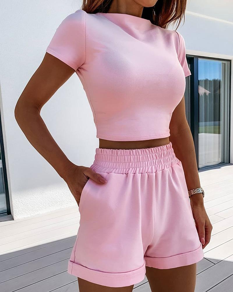 

Solid Short Sleeve Casual Top & Short Set, Pink