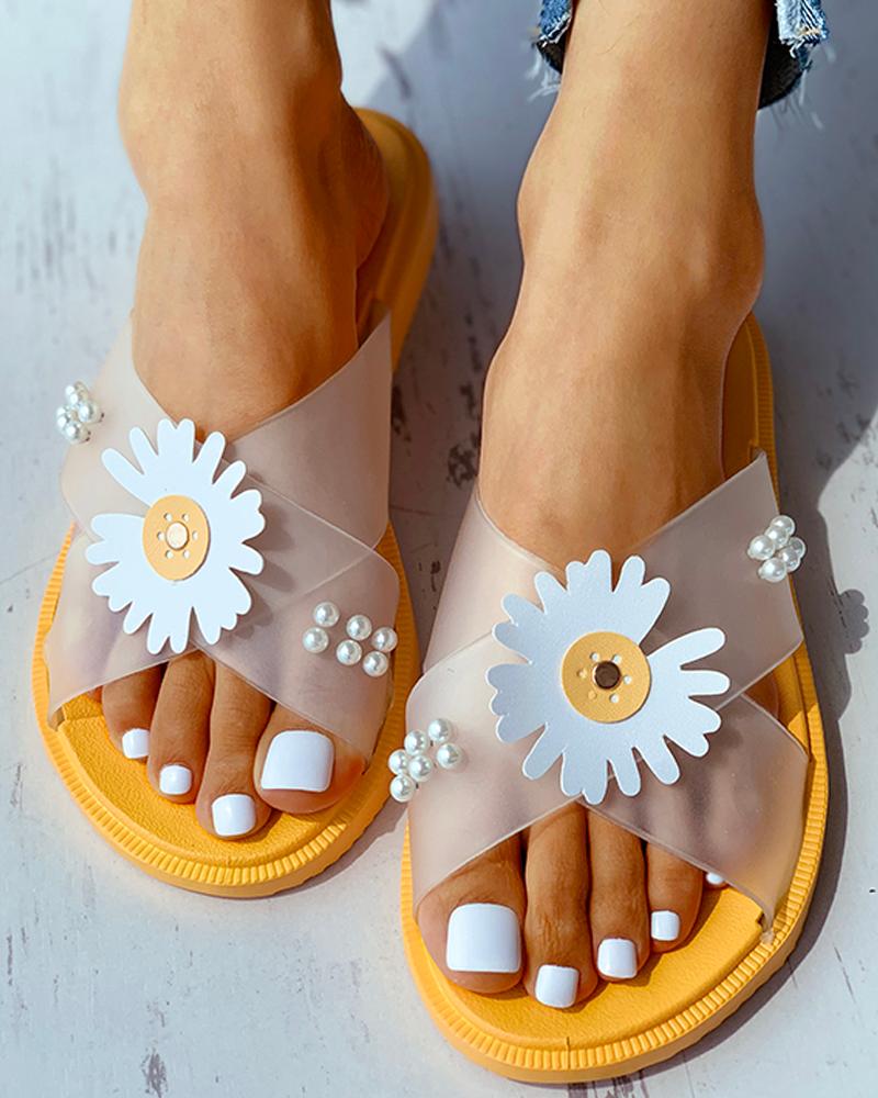 

Daisy Pattern Beaded Transparent Flat Sandals, Yellow