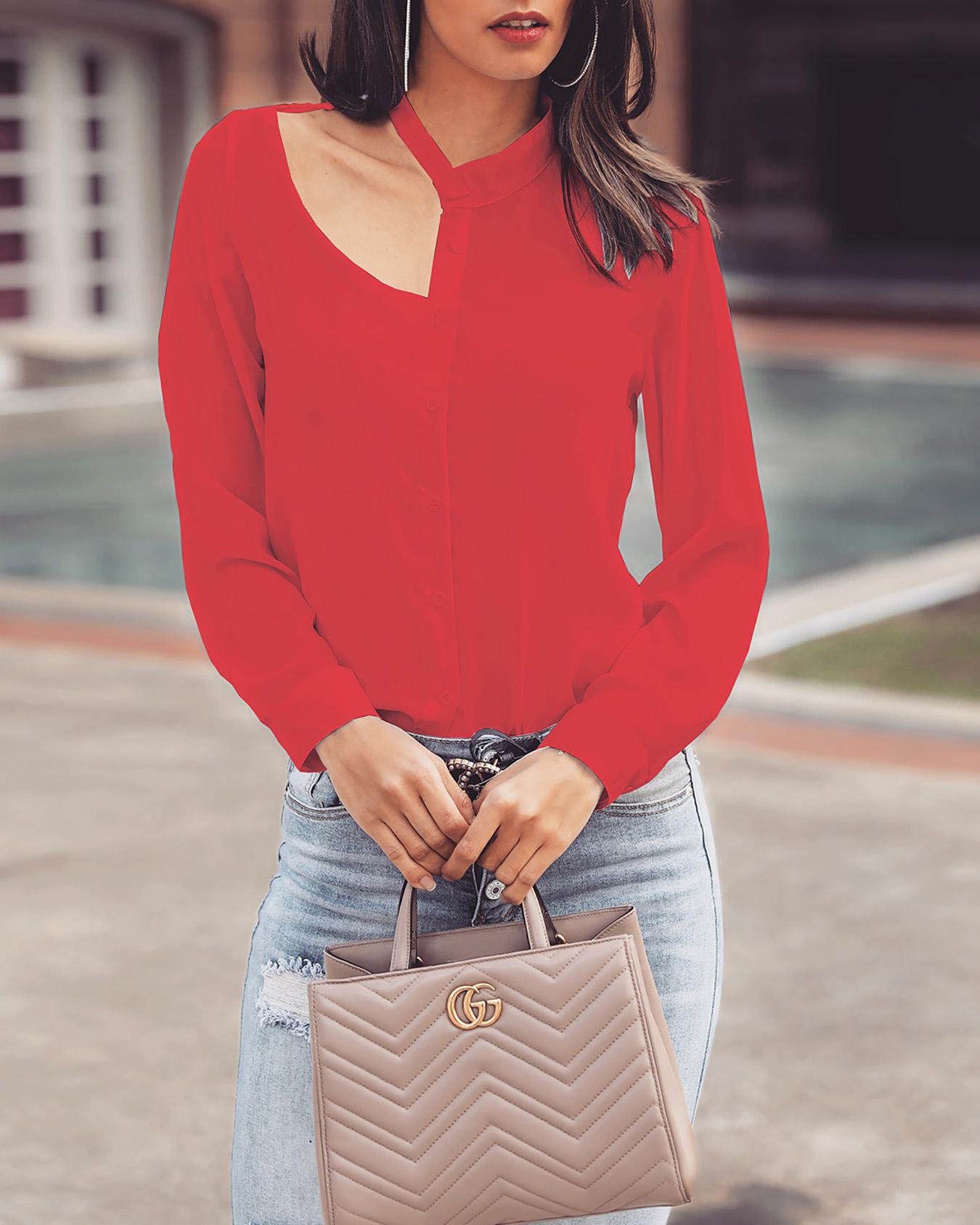 

Solid Button Up Cutout Shoulder Shirt, Red