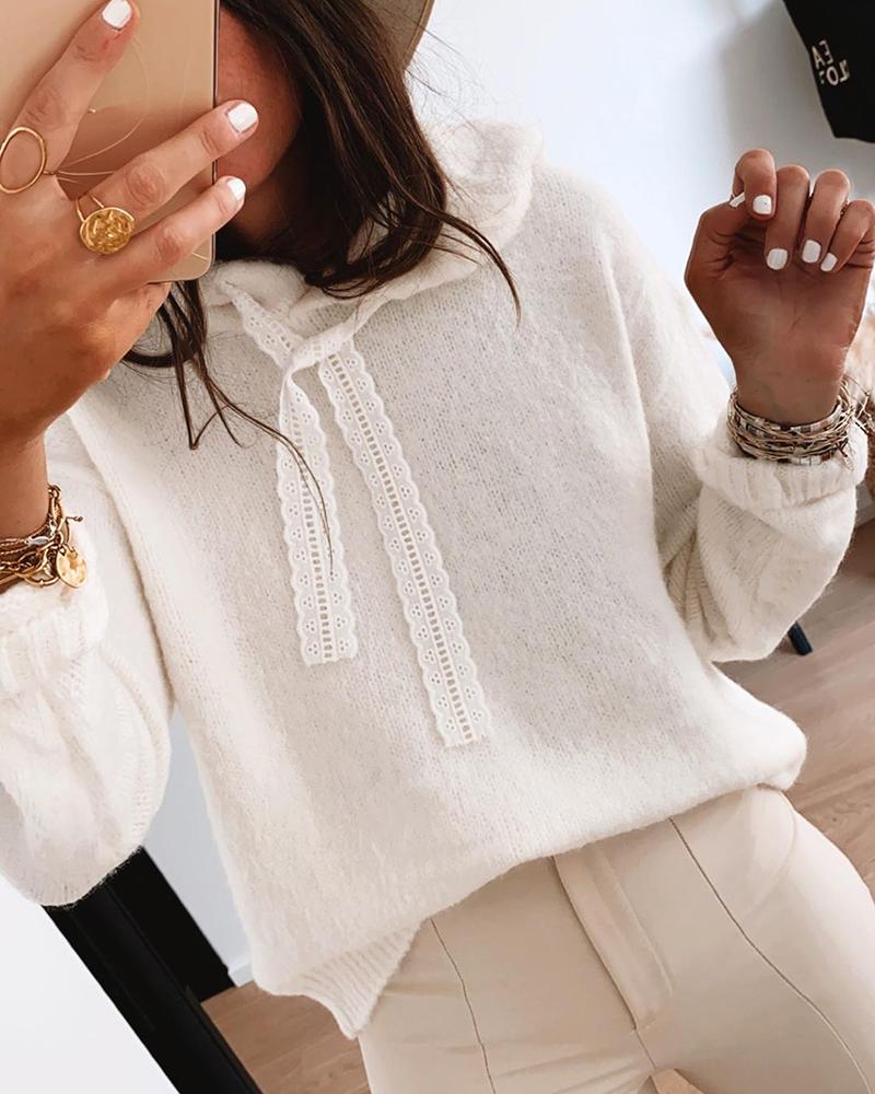 

Eyelet Embroidery Fluffy Hooded Top, White