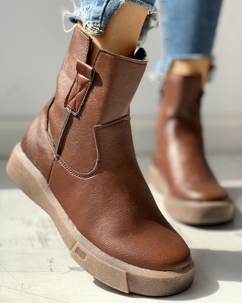 

Solid PU Zipped Casual Flat Boots, Brown