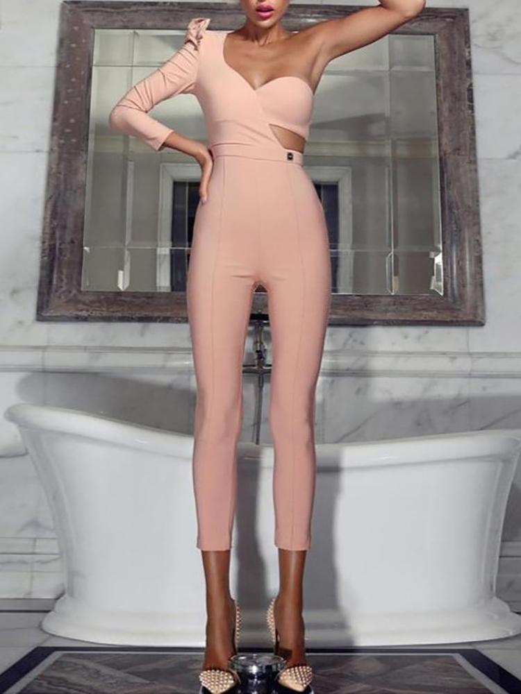 

Solid One Sleeve Cut Out Waist Slinky Jumpsuit