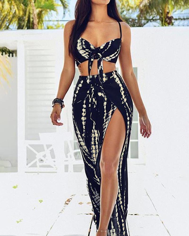 

Tie Dye Knot Front Cami Top&Slit Skirt Set, Black